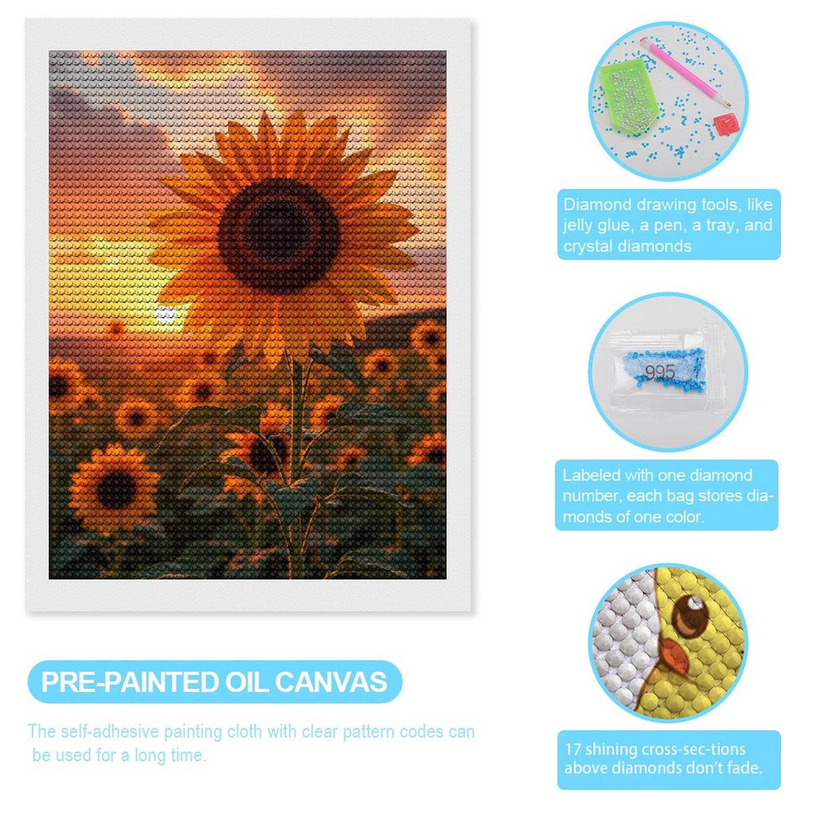 Diamond Art Kits for Adults, Sunset Sunflower Field Scene 5D Diamond Painting Kits for Adults Beginners, DIY Full Drill Diamond Painting, Gem Art and Crafts 12x16