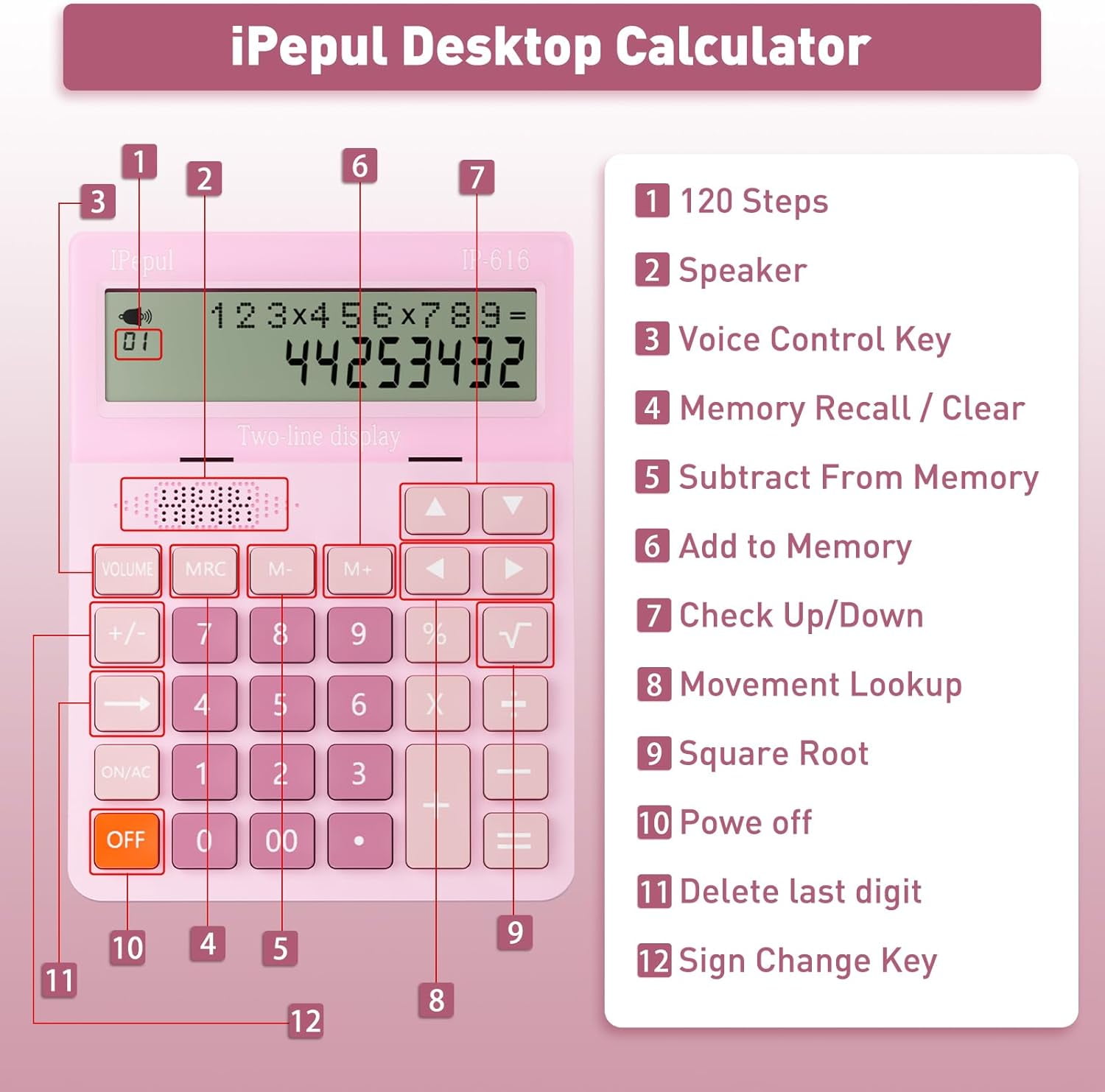Calculators Desktop, Desk Calculator with Large 2 Line Display, Talking Basic big Button & Adjustable Volume, 4 Function for Business, Students,School Office Supplies(Pink)