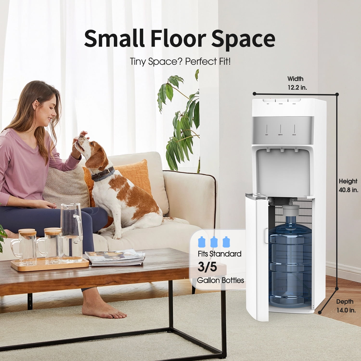 SOOPYK Bottom Loading Water Cooler Dispenser for 5 Gallon Bottle - 3 Temperatures (Hot/Cold/Room) with Child Safety Lock, Stainless Steel Tank, White & Silver, for Home & Office