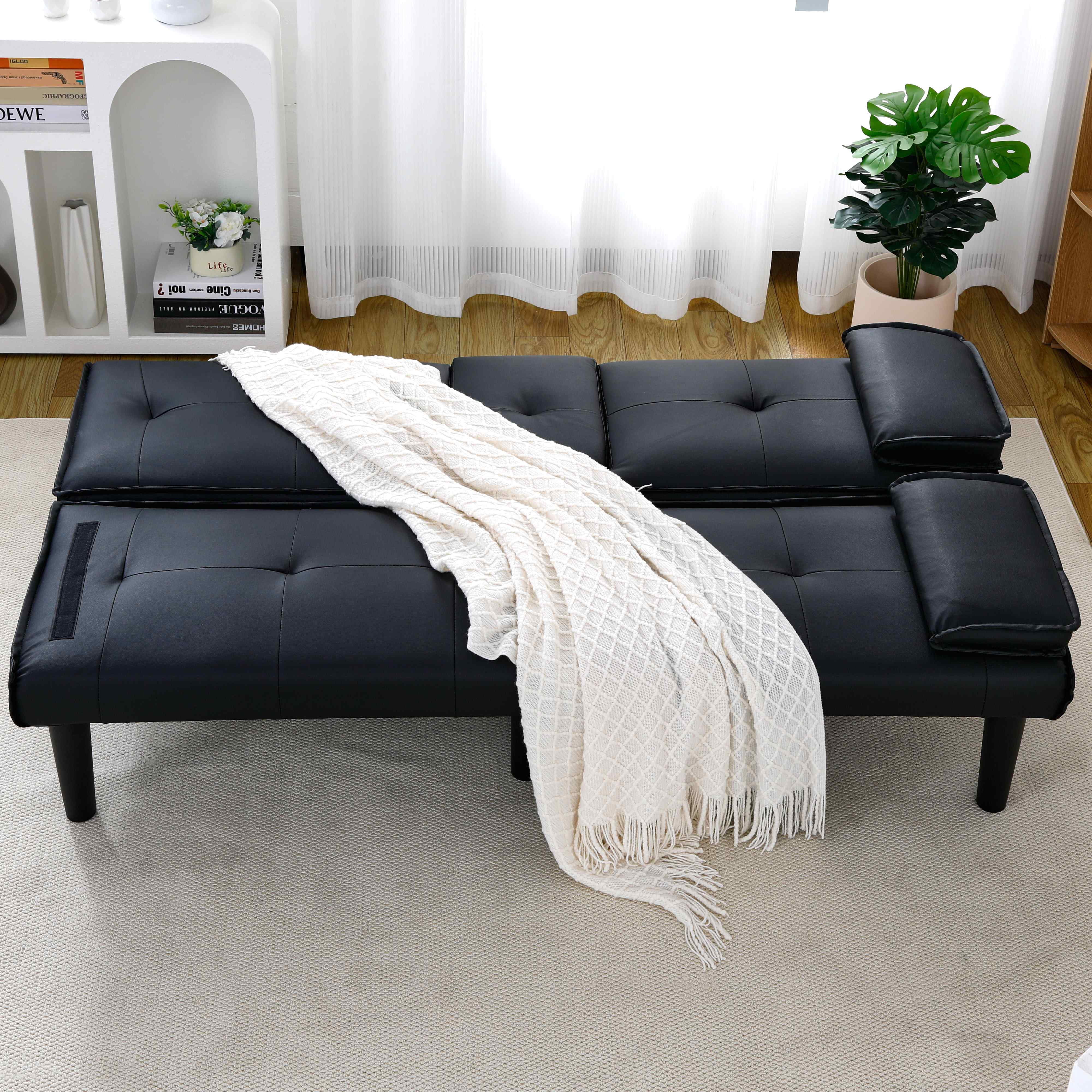 FFH 67" Futon Sofa Bed Loveseat Sleeper with Cup Holders, Folding PVC Couch for Living Room, Black