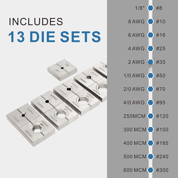 Industrial Hydraulic Cable Lug Crimper 16 Ton 9 AWG to 600 Electrical Terminal Cable Wire Tool Kit Includes 13 Pairs of Die Sets