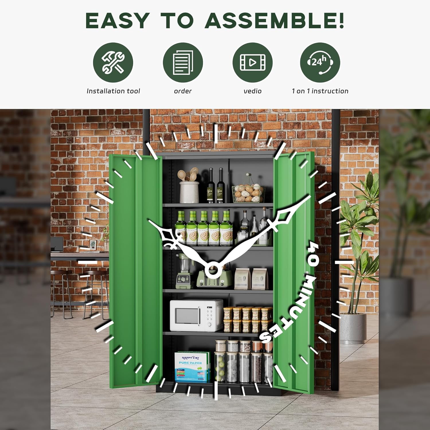 SOLAURA Metal Storage Cabinet, 72" x 36" x 18" Garage Storage Cabinet with Lock, Metal Cabinet with 2 Doors and 4 Adjustable Shelves for Office, Home, Shops, Garage, Black Green