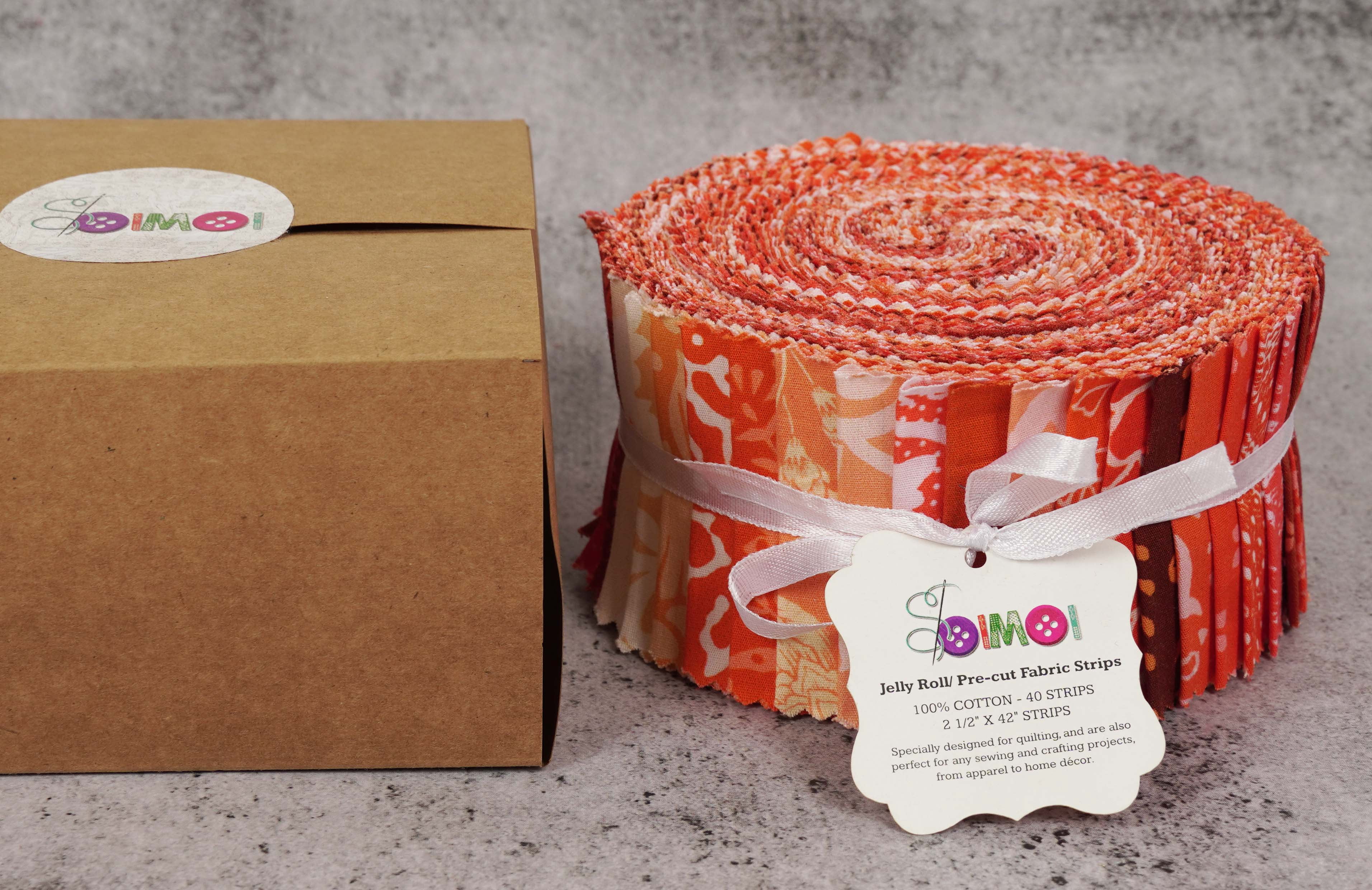 Soimoi 40Pcs Asian Block Print Cotton Precut Fabrics For Quilting Craft Strips 2.5x42inches Jelly Roll - Peach & Orange
