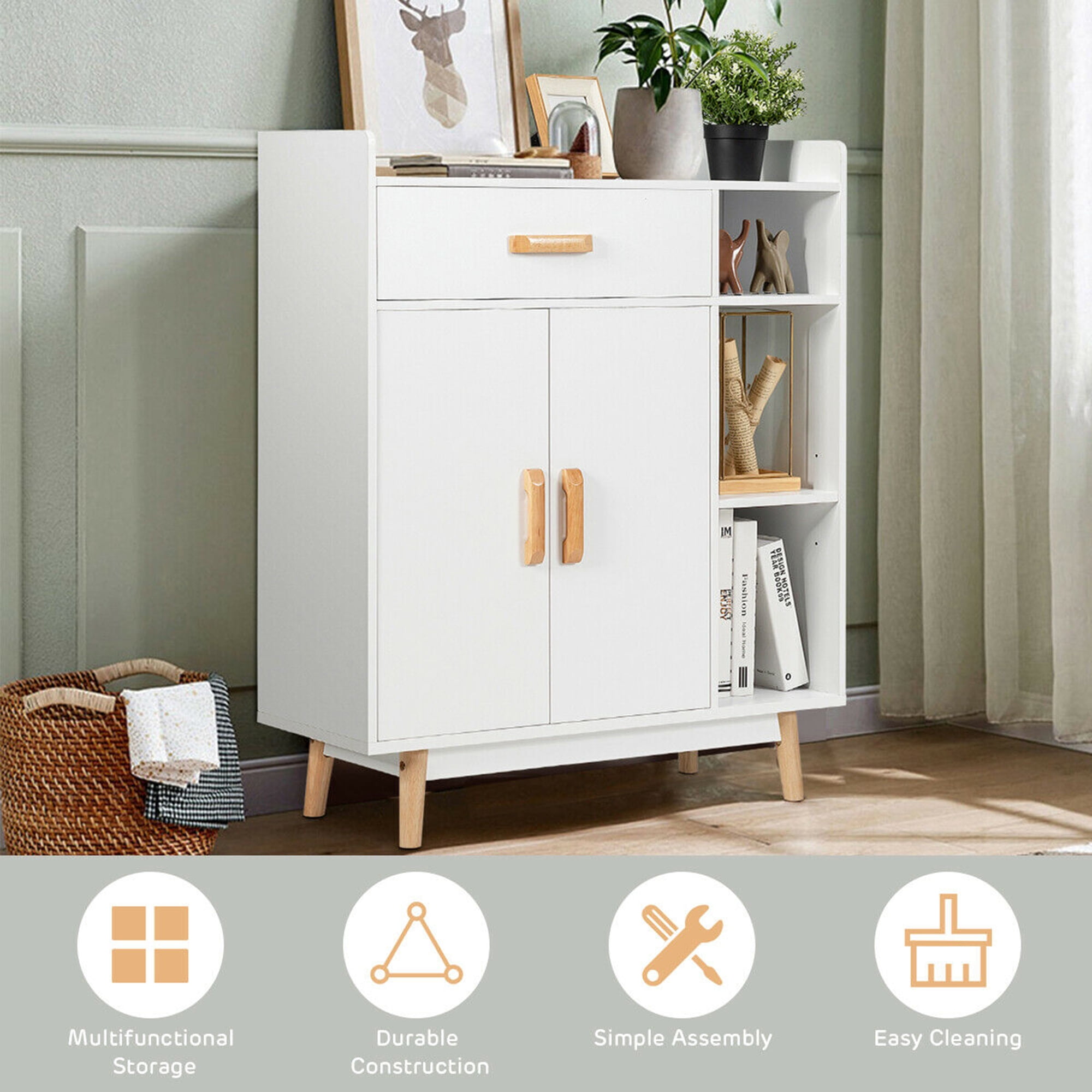 Gymax Floor Storage Cabinet Free Standing Cupboard Chest w/1 Drawer 2 Doors 3 Shelves