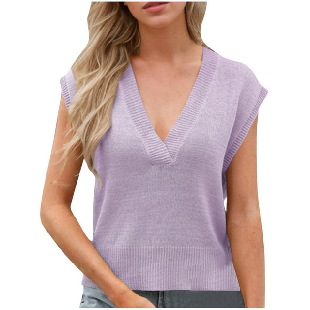 Dealovy Chandail Sans Manches pour Femmes, Casquette, Haut en Tricot à Col en V, Chandail à Enfiler, Camisoles, Tricot Léger, Coupe Ample