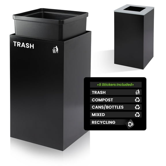 Alpine Commercial Indoor Recycle Bin - 29 Gallon Modern Looking Black Recycle Bin, Office Recycling Bins, Metal Trash and Recycling Container with Stickers & 3 Optional Lids (lid Sold Separately)