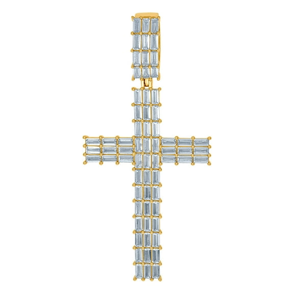 925 Sterling Silver Yellow-tone Mens Baguette Cubic Zirconia Cross Religious Charm Pendant 88.6x41.9mm Wide Necklace for