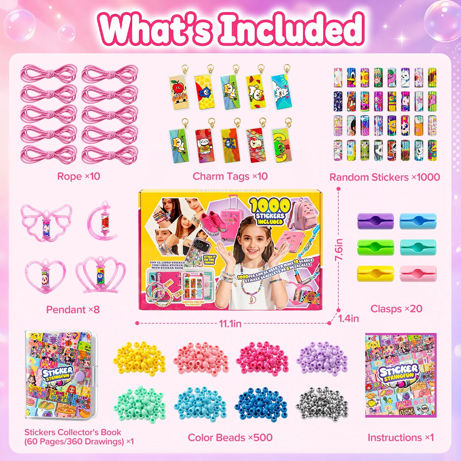 Monqistar Sticker Bracelet Kit, 1000 Mini Stickers Set, Wearable & Shareable Sticker Rolls, Sticker Collection Book, Make Bracelets & Necklaces Set for 5-12 Years Girls Gift