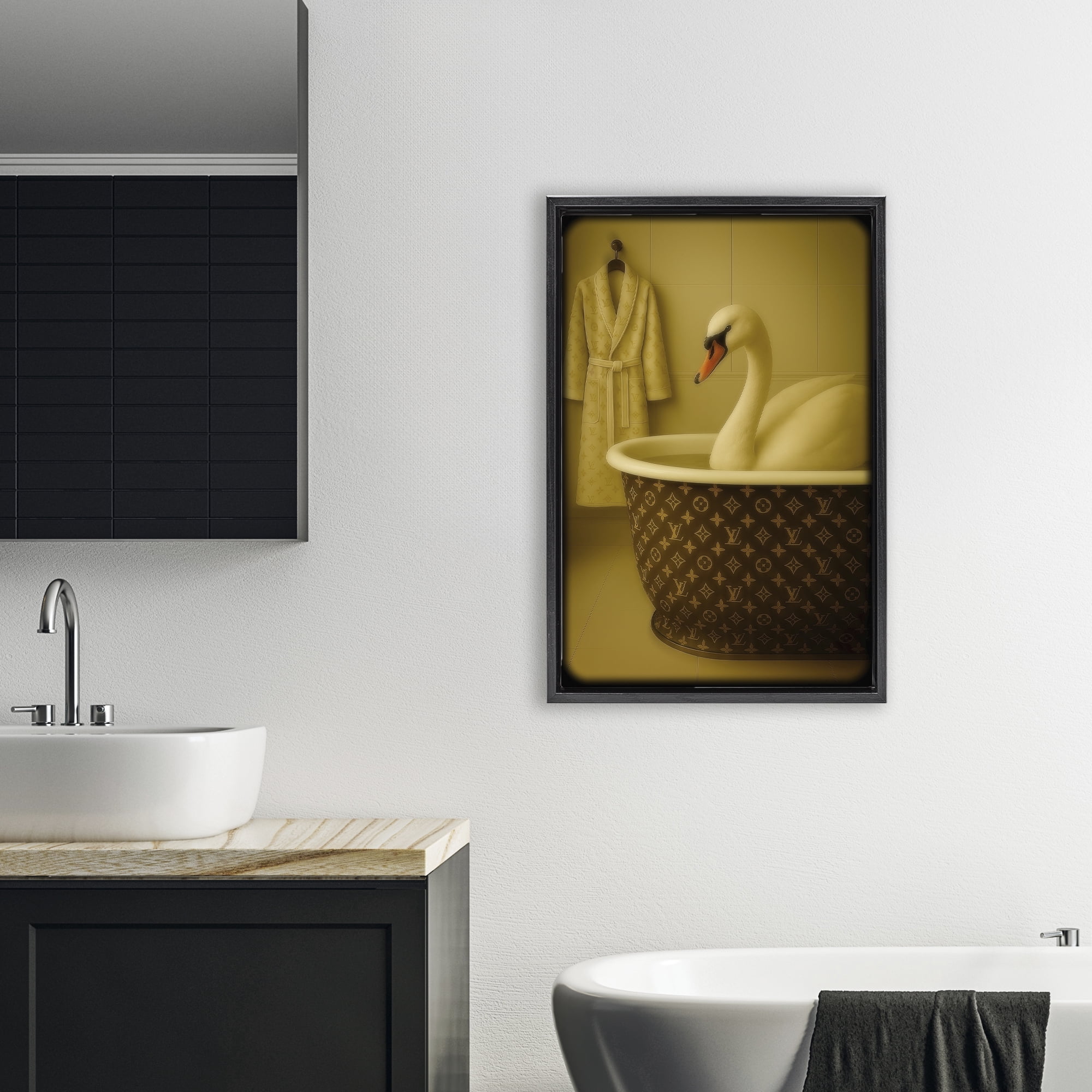 Stupell Industries Couture Swan in Luxury Tub Black Framed Floater Canvas Wall Art, design by Grotto Studios