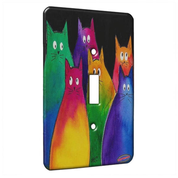 KuzmarK™ Single Gang Toggle Switch Wall Plate - Six Very Colorful Two Tone Kitties Abstract Cat Art by Denise Every