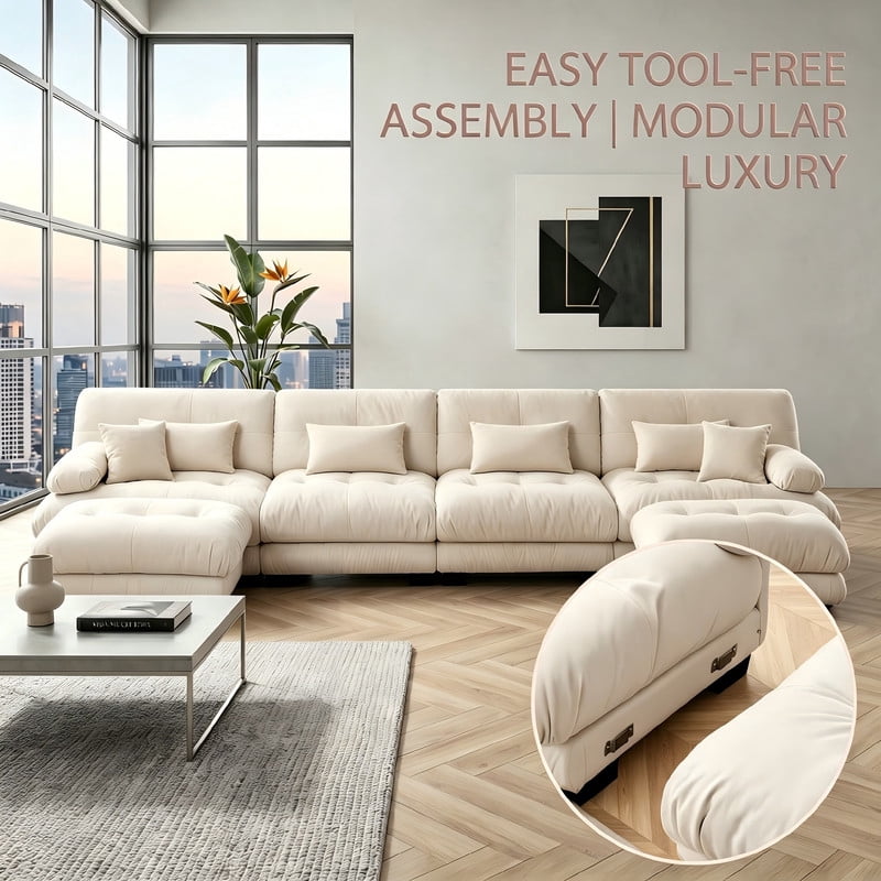 ANPPORT Cloud Couch Sleeper Sofa, Chenille Light Coffee 4-Seater Modular Sofa with 2 Ottomans, 4 Lumbar pillows,2 Pillows, Comfy Deep Seat Cloud Sofa, Convertible L-Shaped Floor Couch for Living Room