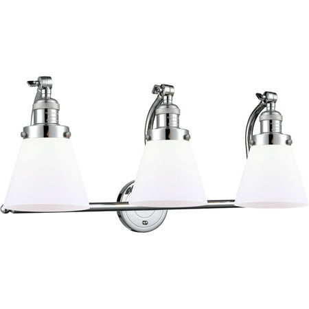 

Polished Chrome Tone Bathroom Vanity 28 Wide Matte White Cased Glass Steel/Cast Brass Medium Base 3 Light Fixture