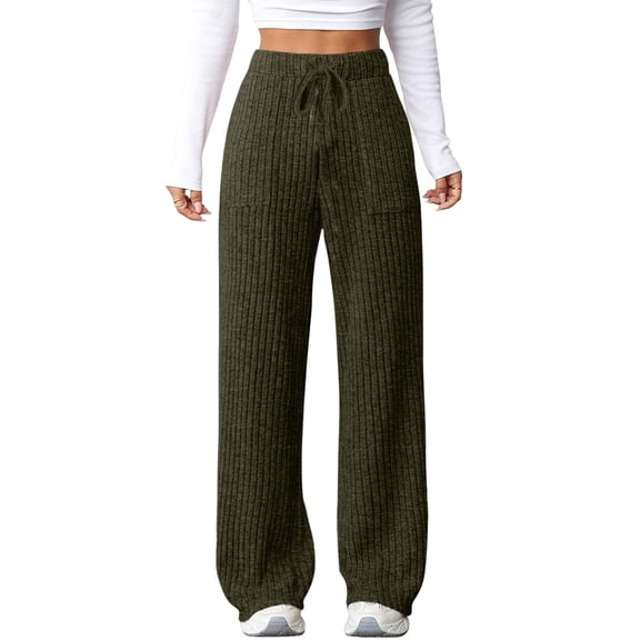 Womens Ribbed Wide Leg Lounge Pants with Pockets Comfy Loose Soft Knit Pants with Drawstring Green S