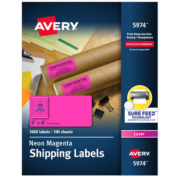 Avery 2" x 4" Neon Shipping Labels with Sure Feed, 1,000 Labels (5974