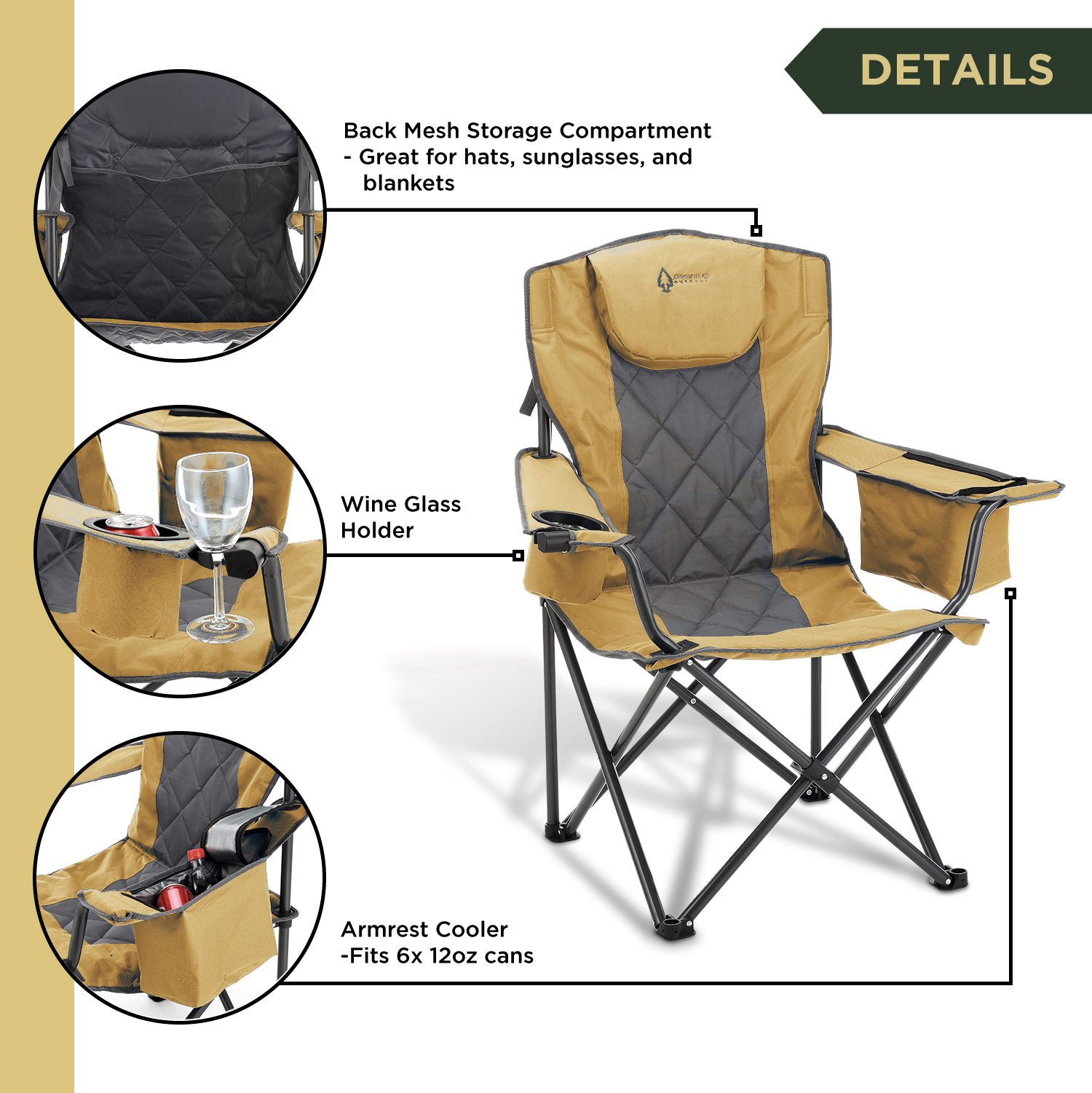 ARROWHEAD OUTDOOR Portable Folding Camping Quad Chair w/ 6-Can Cooler, Cup   Wine Glass Holders, Heavy-Duty Carrying Bag, Padded Armrests, Headrest,  Supports up to 450lbs, USA-Based Support (Tan)
