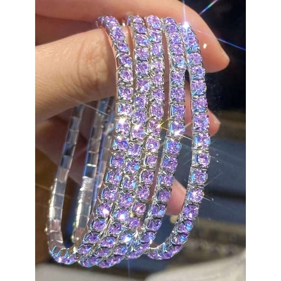 5-Pack Sparkling Crystal Elastic Bangle Bracelets, Purple Adjustable Bling Party Jewelry for Women