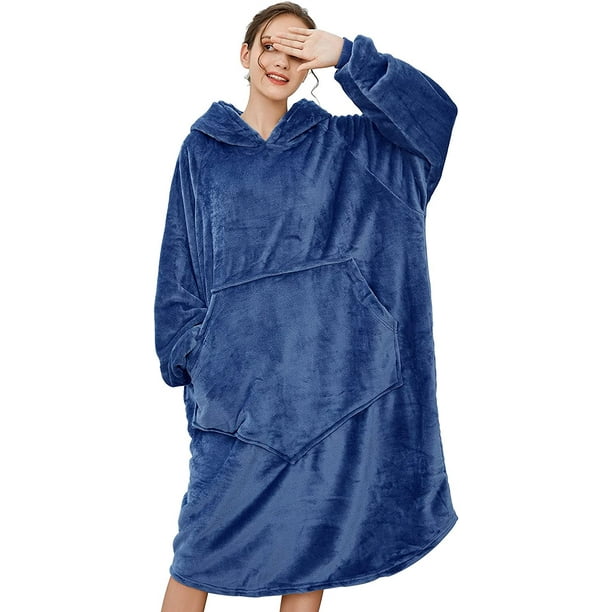 Aleko Sudadera con capucha de forro polar a cuadros, manta de TV, manga cálida con bolsillo irregular, manta gigante para adultos, sudadera con capucha de franela y forro polar para mujer (azul oscuro, talla única) THISNDE ACTIVE Biensenido a ACTIVE