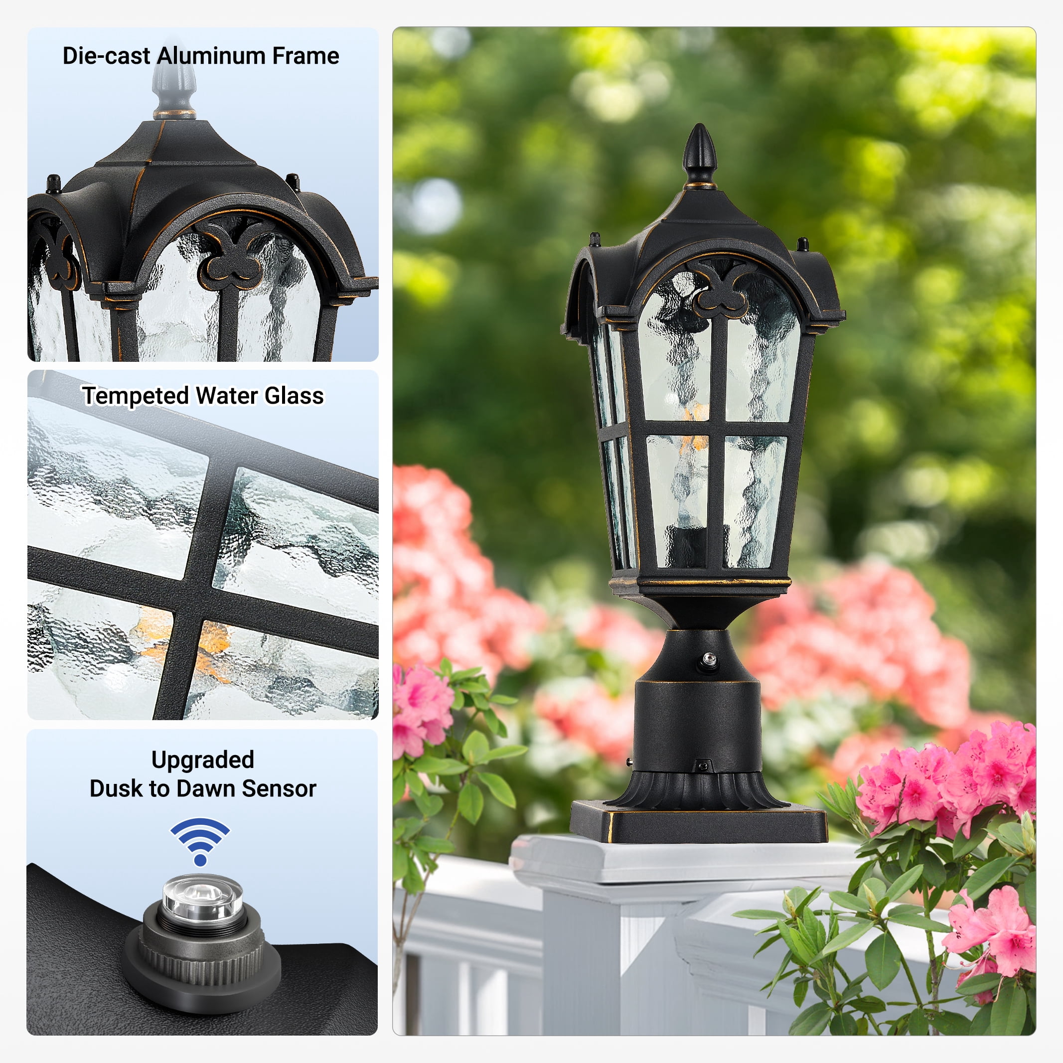 VIANIS Dusk to Dawn Outdoor Post Light, Black 1-Pack Lamp Posts Outdoor Lighting with Pier Mount Base, Waterproof Aluminum Outside Post Lights for Garden, Patio, Pathway (Hardwired 120VAC)