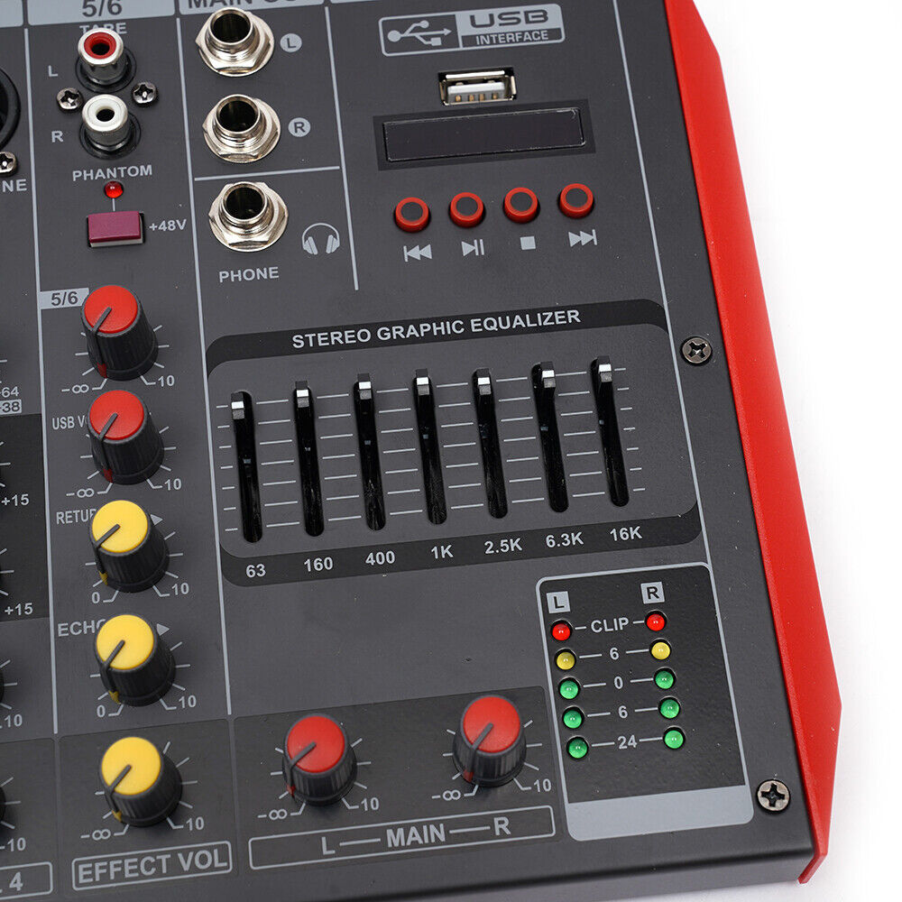 Pro 6 Channel Bluetooth Studio Audio Mixer Live Sound Mixing Console with USB 110V