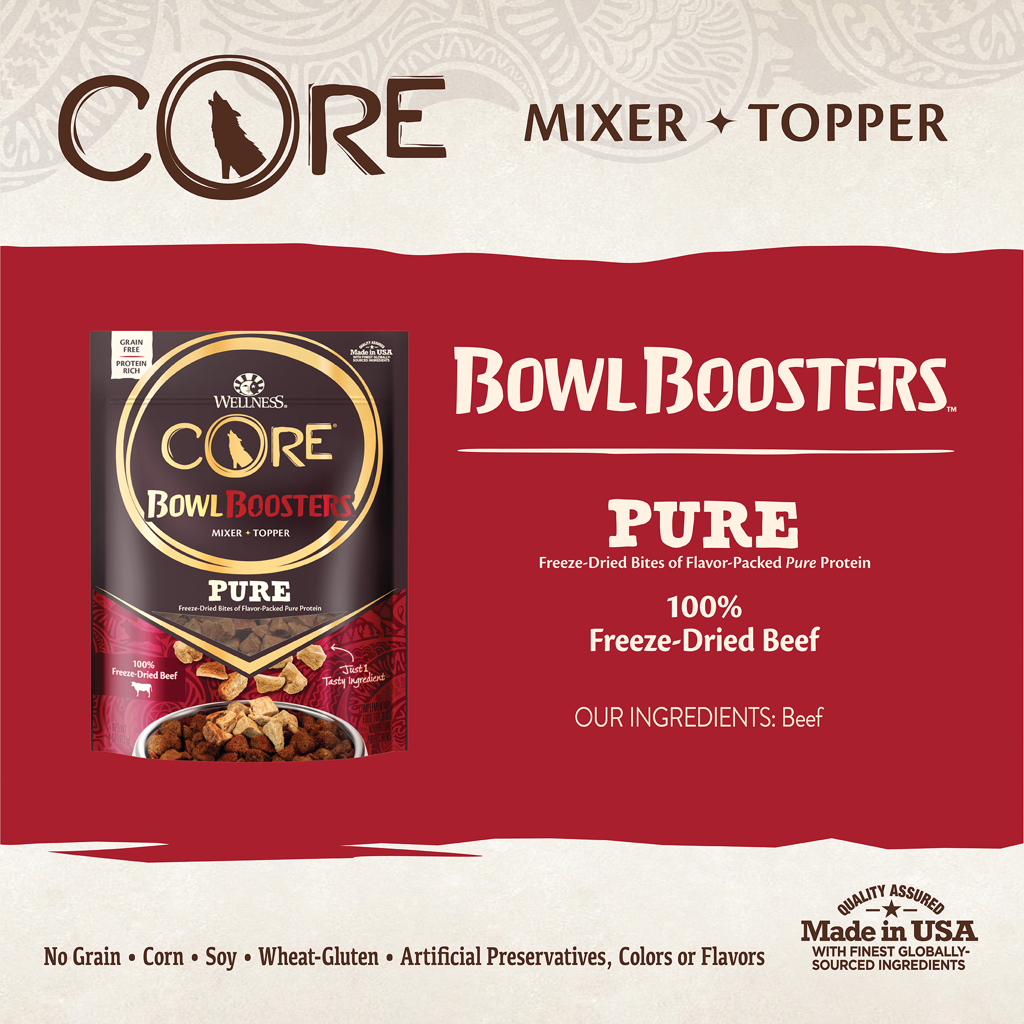 Wellness CORE Natural Bowl Boosters Bare Dog Food Mixer or Topper, Freeze Dried Beef, 4-Ounce Bag - image 3 of 8