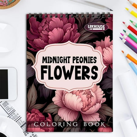 LBKHOUSE Midnight Peonies Flowers Coloring Book for Adult Spiral Bound Soft Cover