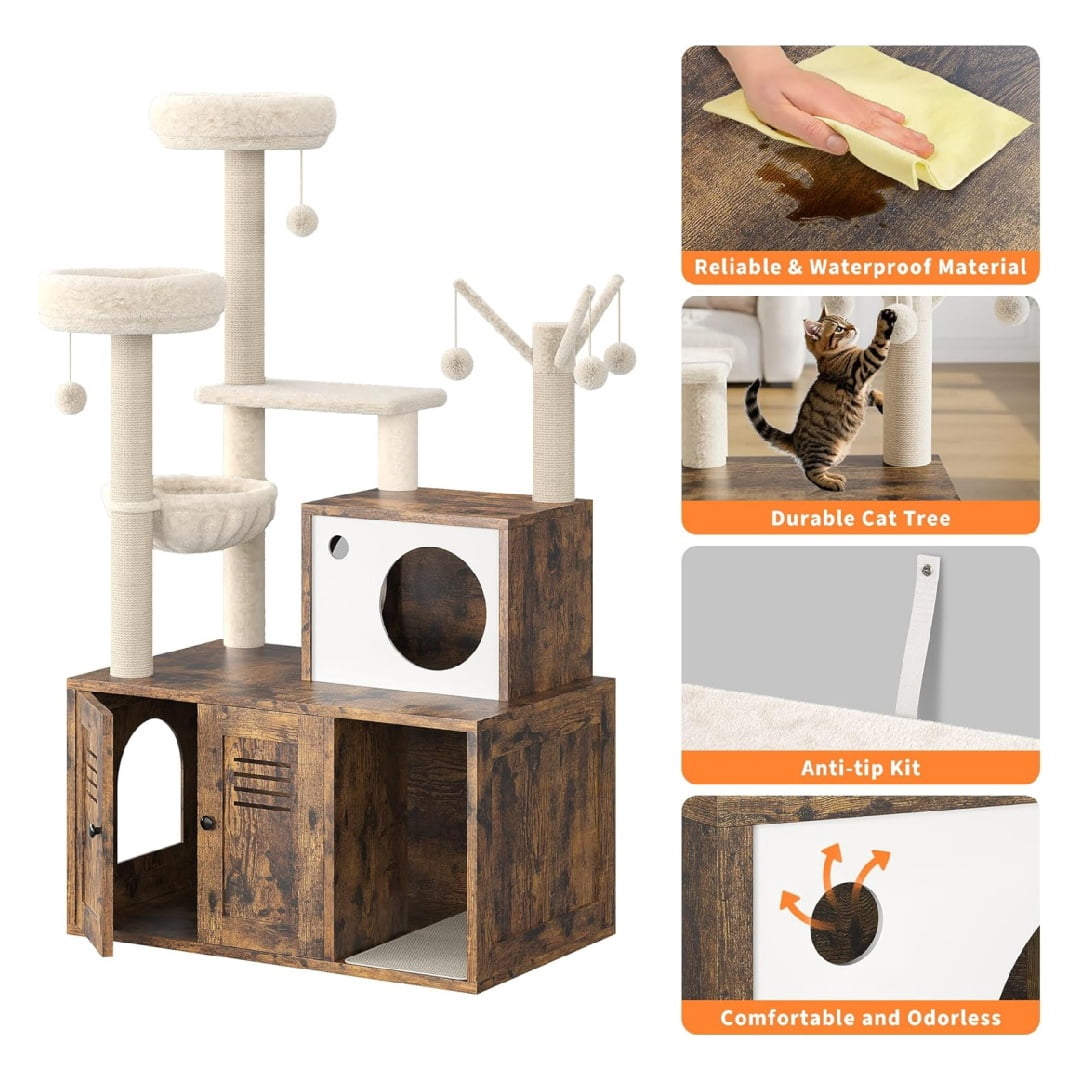 Large Cat Tree with Litter Box Enclosure,3-in-1 Cat Tower, Hidden Pet Washroom Litter Box Furniture,Wooden Multi-Level Cat Condo Furniture with Sisal Scratching Posts,Soft Plush Perch, Hammock