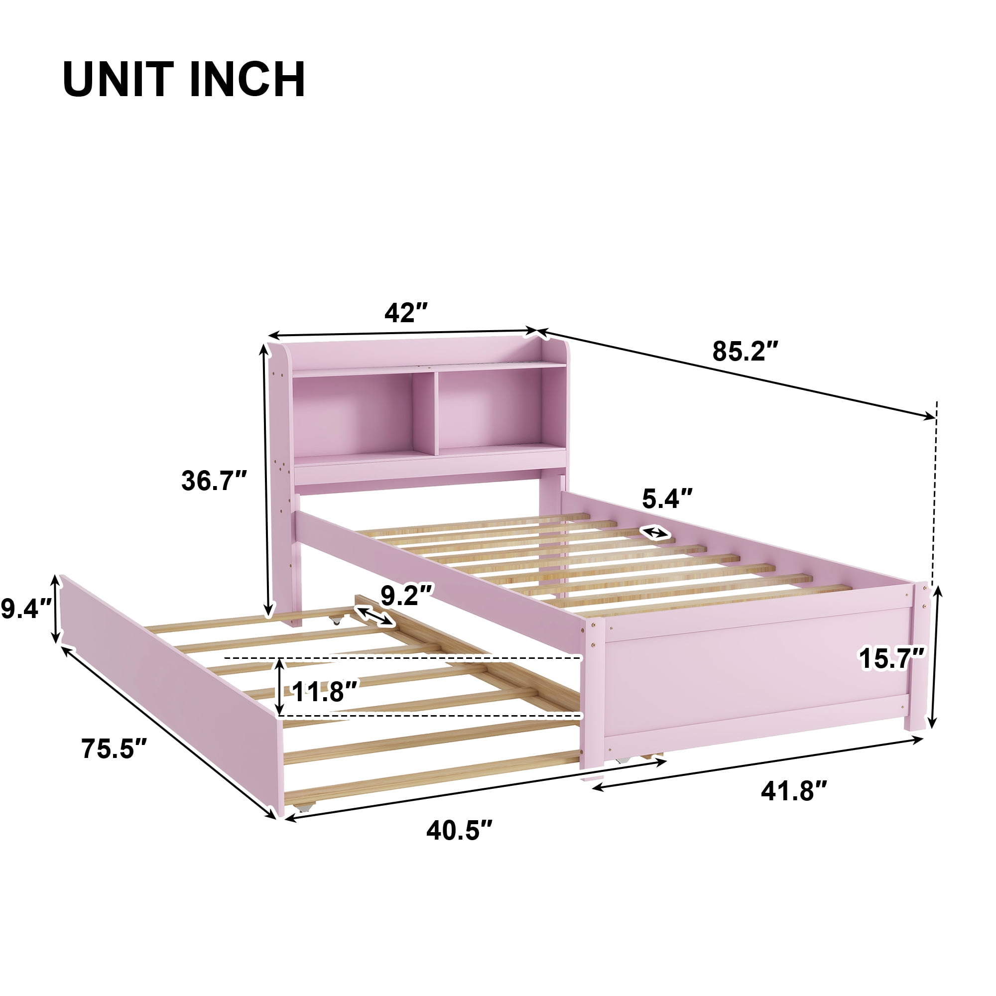 Miniyam Twin Size Bed with Trundle & Bookcase Headboard for Kids,Pink