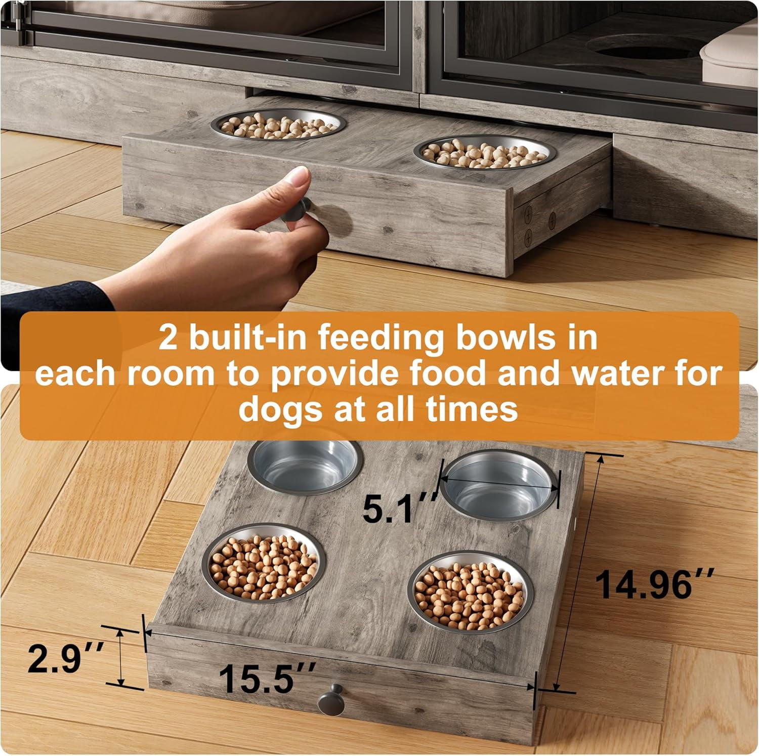 Dog Crate Furniture for 2 Dogs, Dog Kennel Indoor with 4 Storage Drawers and Feeding Bowls, Double Dog Crate TV Stand for Small Medium Dogs, Grey