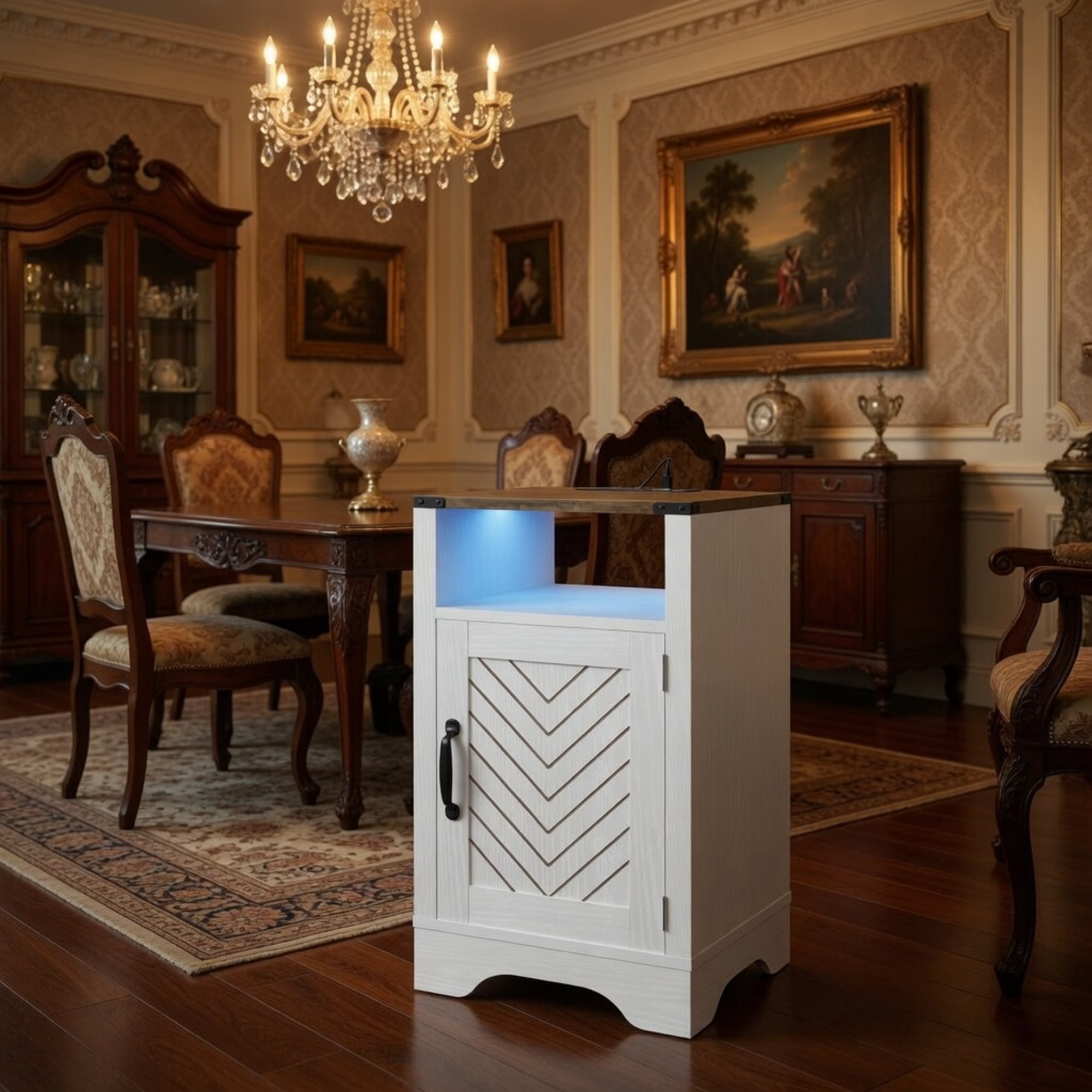 16" Wide White & Rustic Oak LED Nightstand with Charging Station & Storage