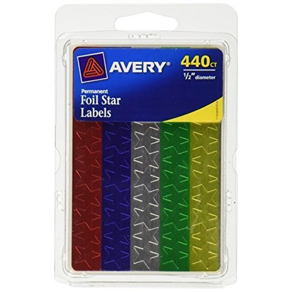 Avery Assorted Foil Star Labels 6007, 1/2 Diameter (Pack of 32)