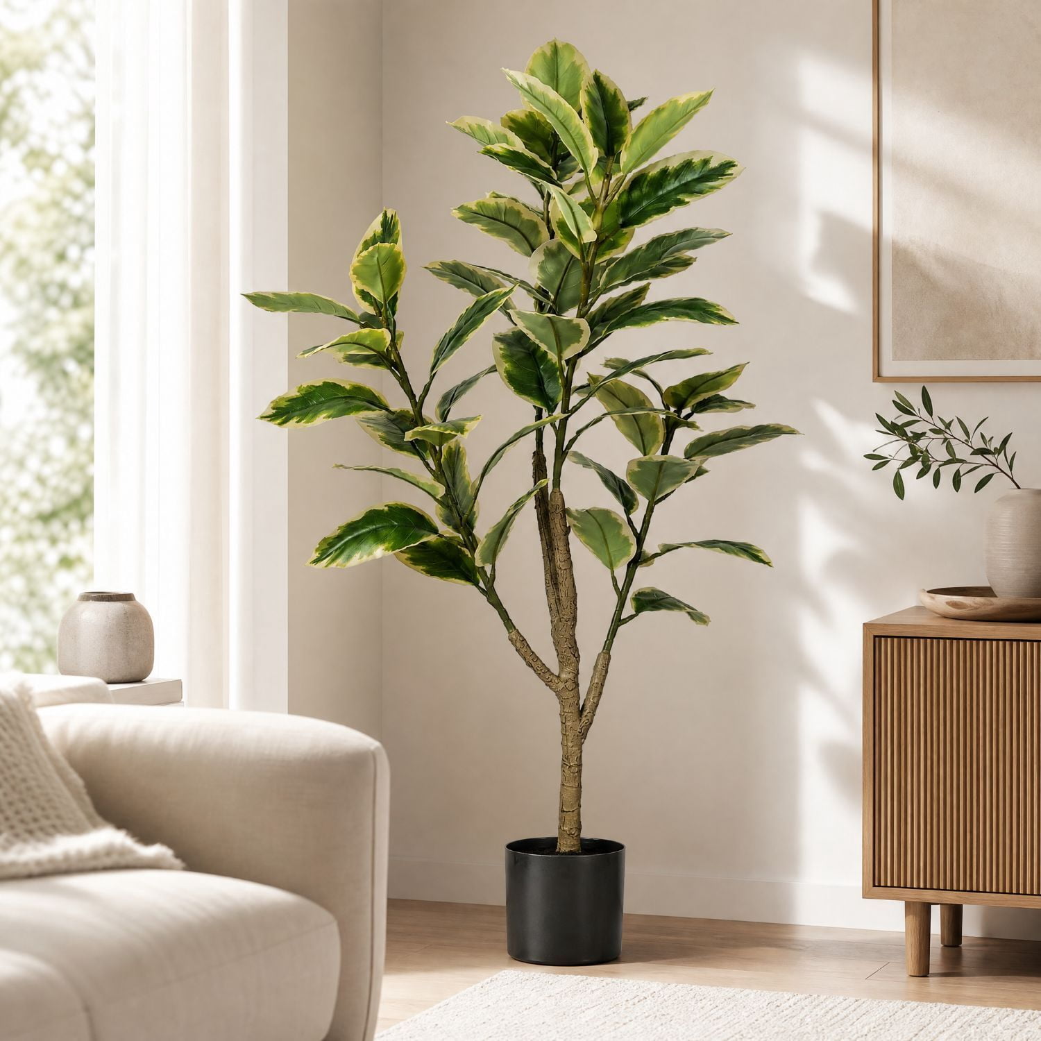 Easy4Home 5FT Artificial Variegated Rubber Plant Faux Ficus Elastica Tineke Tree Potted Indoor Floor Plant - Simple Assembly Needed