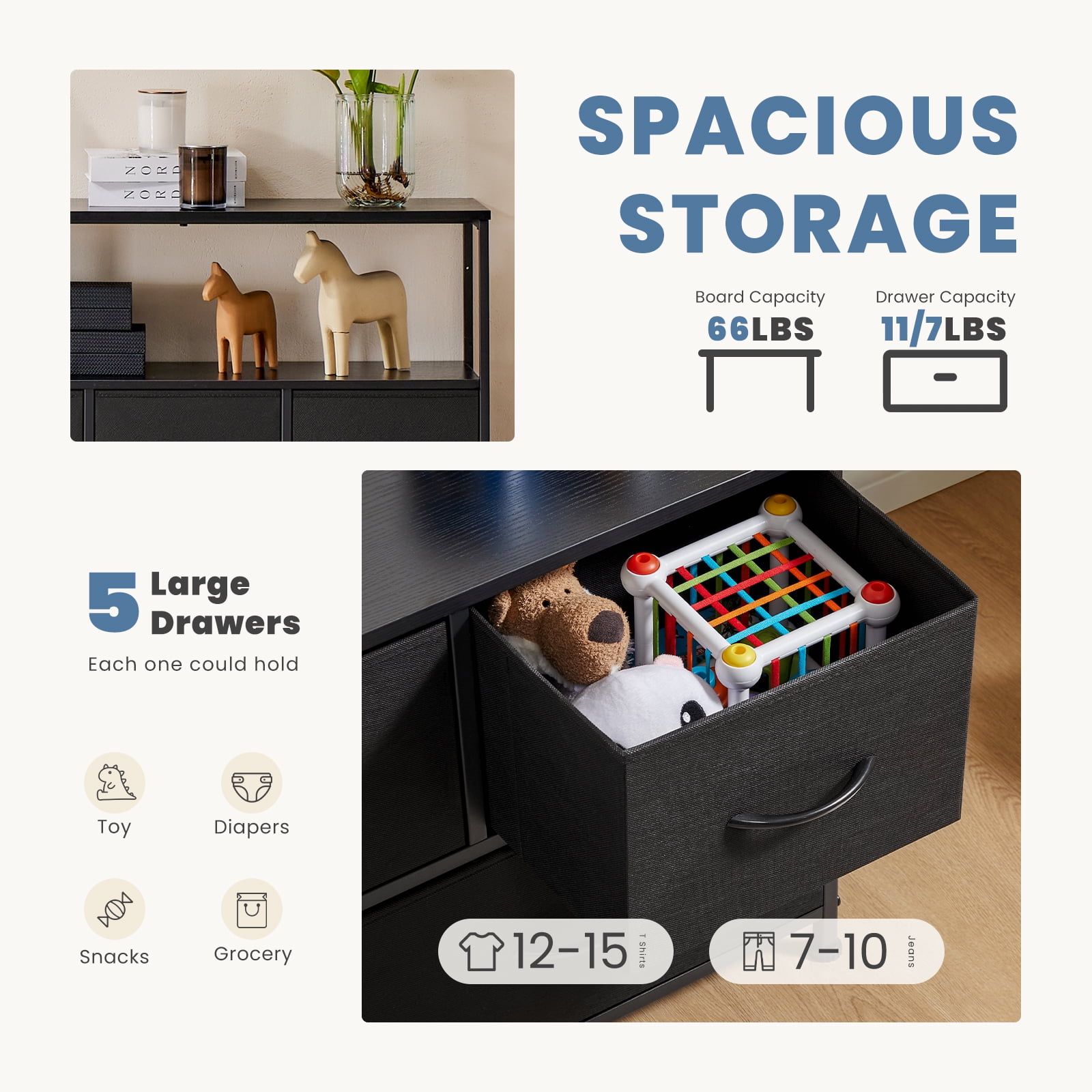 CONCETTA TV Stand Dresser with 5 Fabric Drawers and Open Shelving, Multi-functional Storage Unit Fits TV up to 45 inches for Bedroom Living Room Hallway, Black