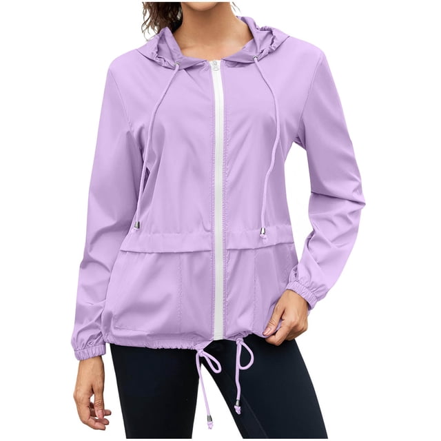 Dagegui Veste de Pluie Extérieure pour Femmes Imperméable Légère Coupe-Vent à Capuche avec Poches Violet P
