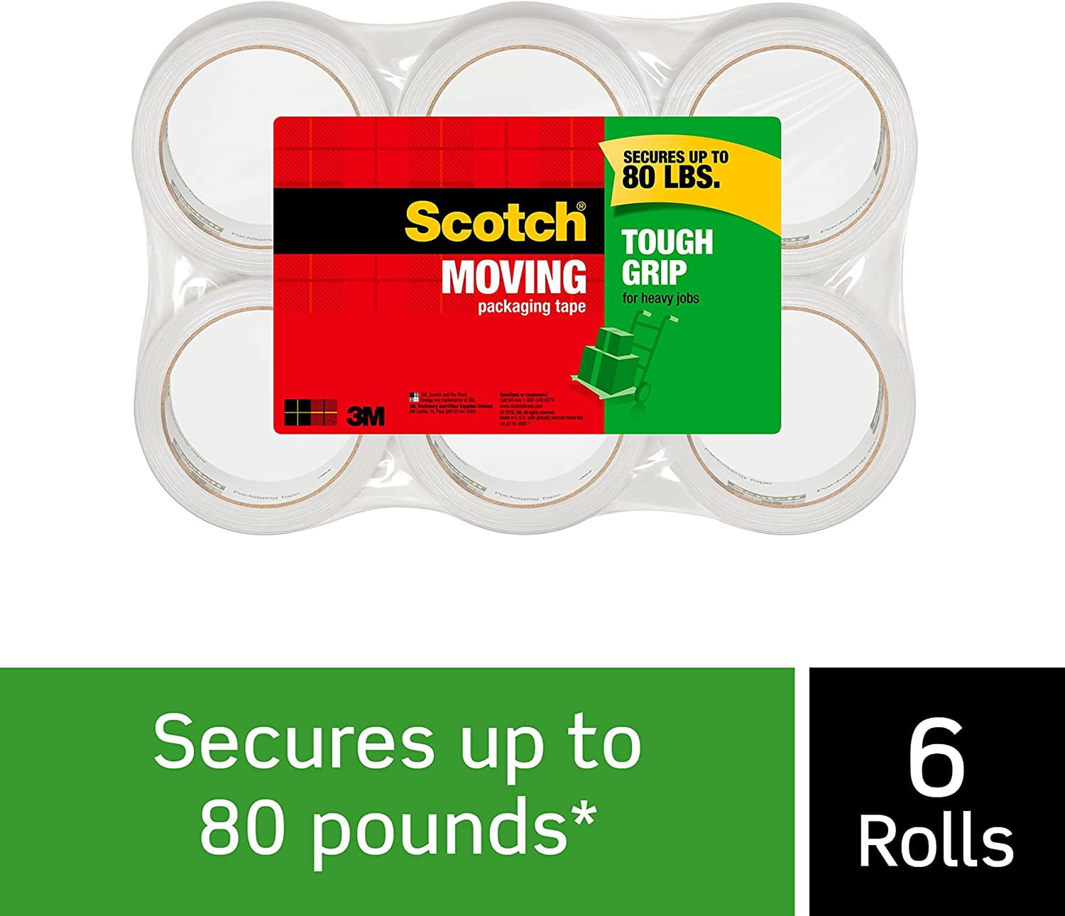 Scotch, MMM3500406, Tough Grip Moving Packaging Tape, 6 / Pack, Clear