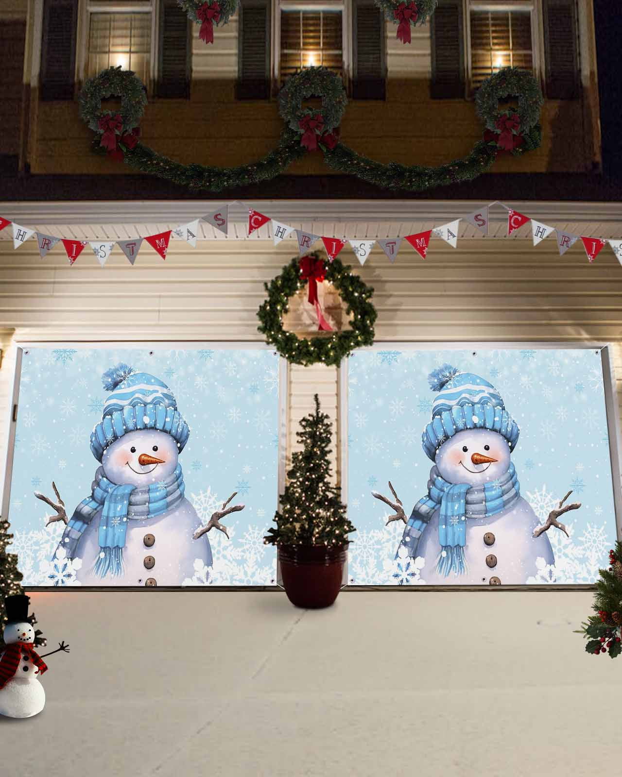 Garage Door Banner Cover 6 x 13 ft, Light Blue Christmas Snowman with Cap Xmas Tree Snowflake Christmas Garage Door Decorations Holiday Christmas Backdrop Decor for Winter New Year Xmas Party