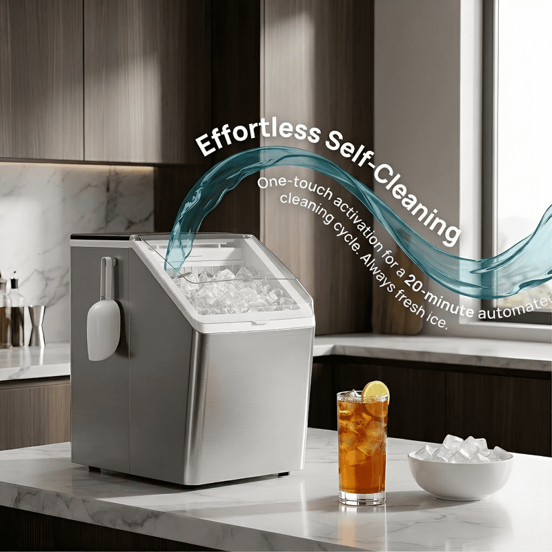 Stainless Steel Countertop Ice Maker, 44Lbs/Day High Efficiency, Dual Water Filling Options, One-Click Auto Self-Cleaning, Portable Ice Machine for Home, Office, Bar & Party