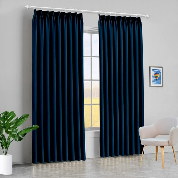 Amay Blackout Double Pinch Pleated Curtains Panel Navy Blue Solid, 100 Inch Wide by 108 Inch Long- 1Panel