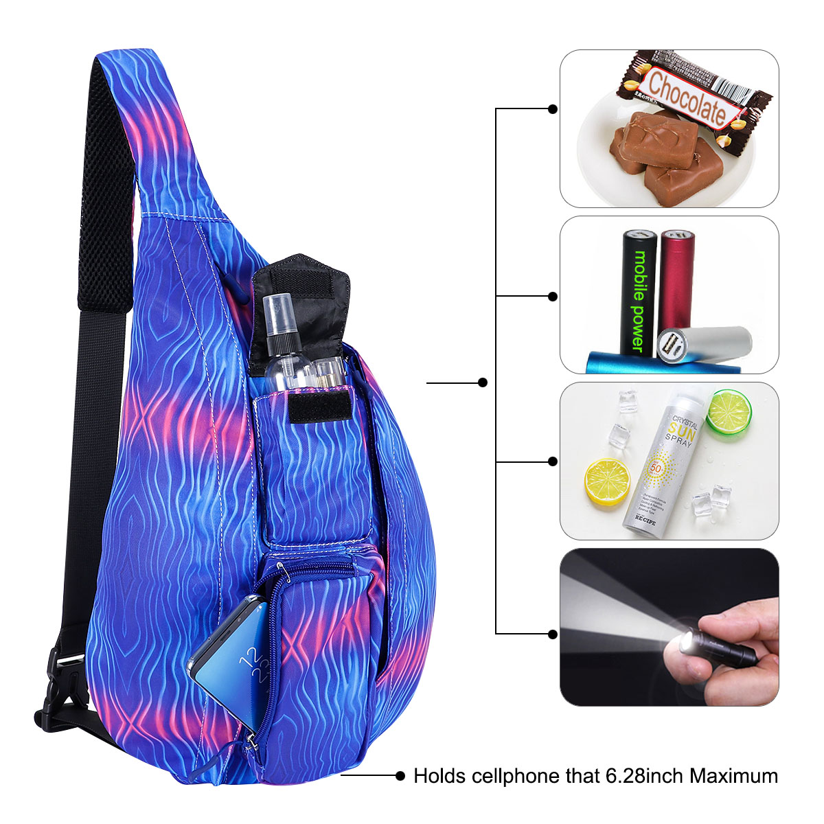 HAWEE Sling Bag Waterproof Backpack or Crossbody Daypack Hiking Backpack Chest Sports Travel Bags for Women, Blue Water Ripple - image 3 of 7