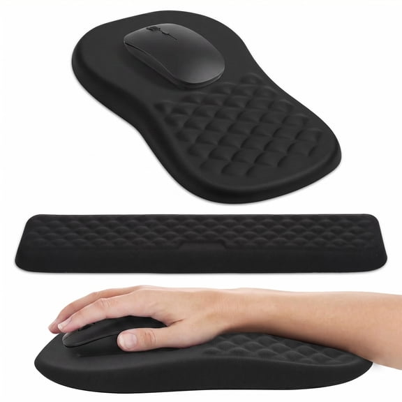 2-in-1 Ergonomic Mouse Pad and Keyboard Wrist Rest with Massage Design, Space-Saving Mouse Pad Wrist Support, Memory Foam Wrist Rest with Non-Slip PU Base for Computer Desk, Black