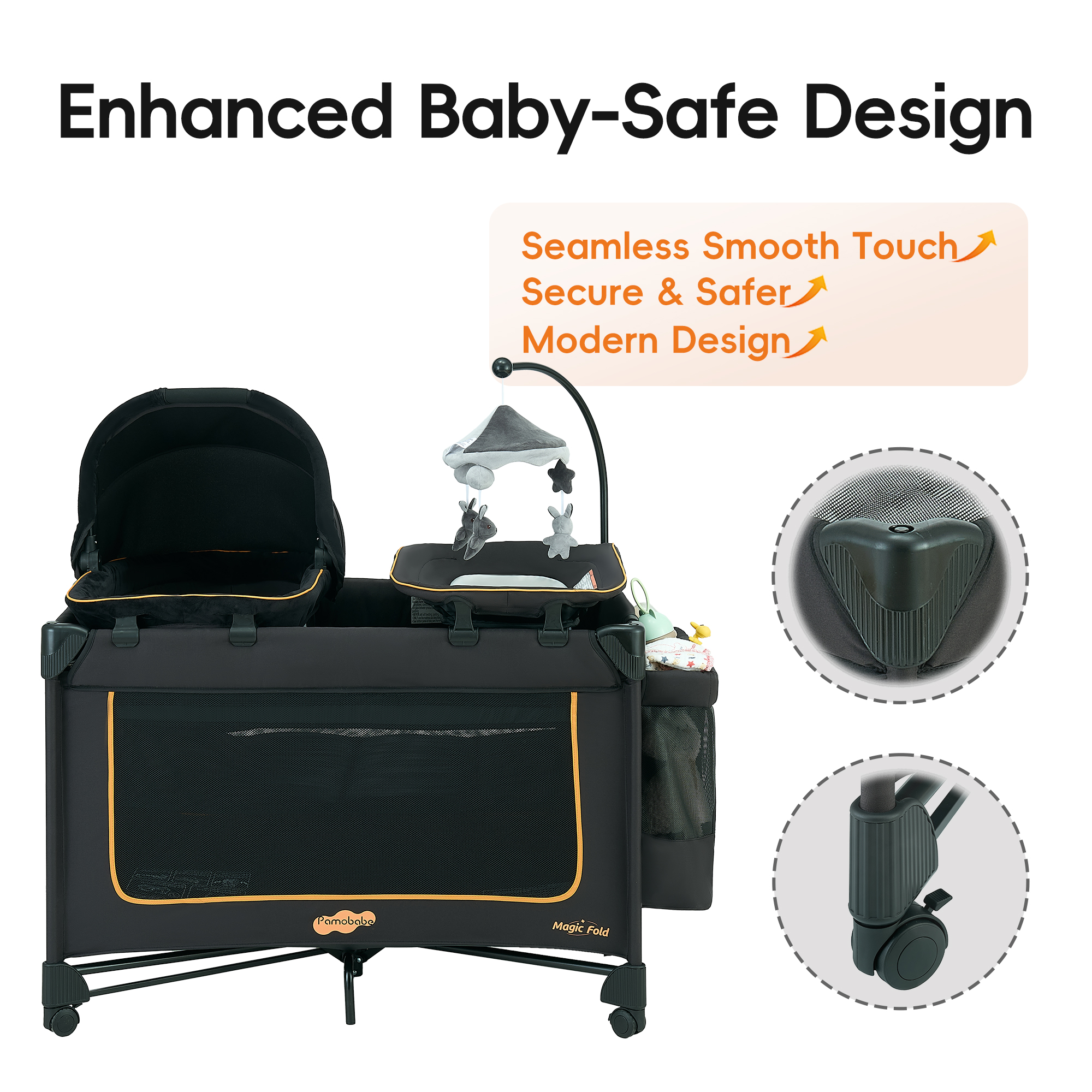 Pamo Babe Magic Fold 4-in-1 Playard with Bassinet, Black photo 8
