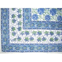 Lotus Flower Block Print Floral Square Cotton Tablecloth 60" x 60" Blue