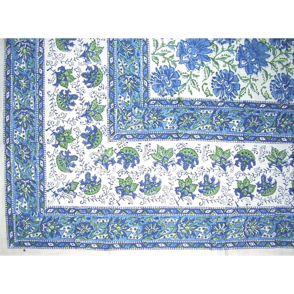 Lotus Flower Block Print Floral Square Cotton Tablecloth 60" x 60" Blue