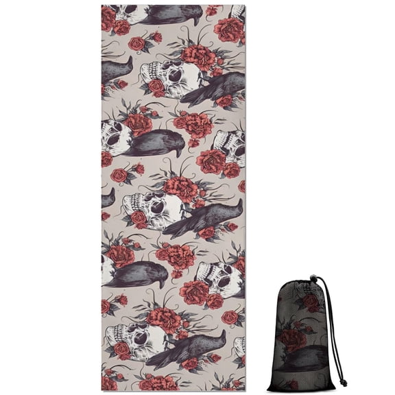 Beige Skull Crow Flower Pattern Hot Yoga Mat Towel Non Slip for Hot Yoga - Quick-Drying Yoga Mat Cover with 4 Corner Pockets with Travel Bag - Hot Yoga Towel Non Slip 70"x26"