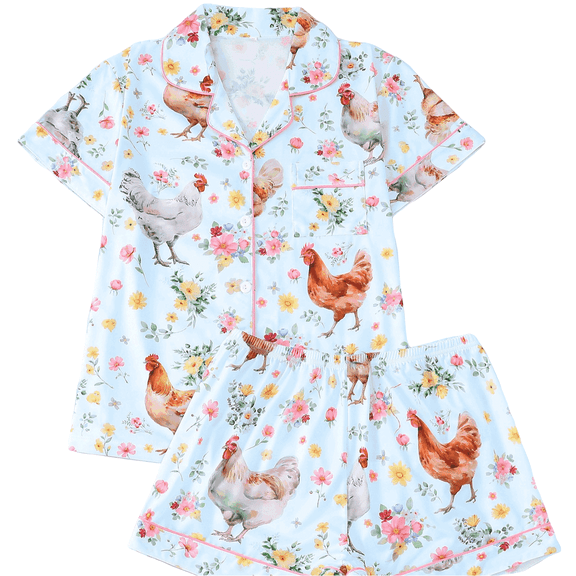 Bibifish Womens Pajama Sets Chicken & Floral Printed Short Sleeve Sleepwear Sets Button Down Top With Shorts Fresh Playful 2 Piece Nightwear Sets