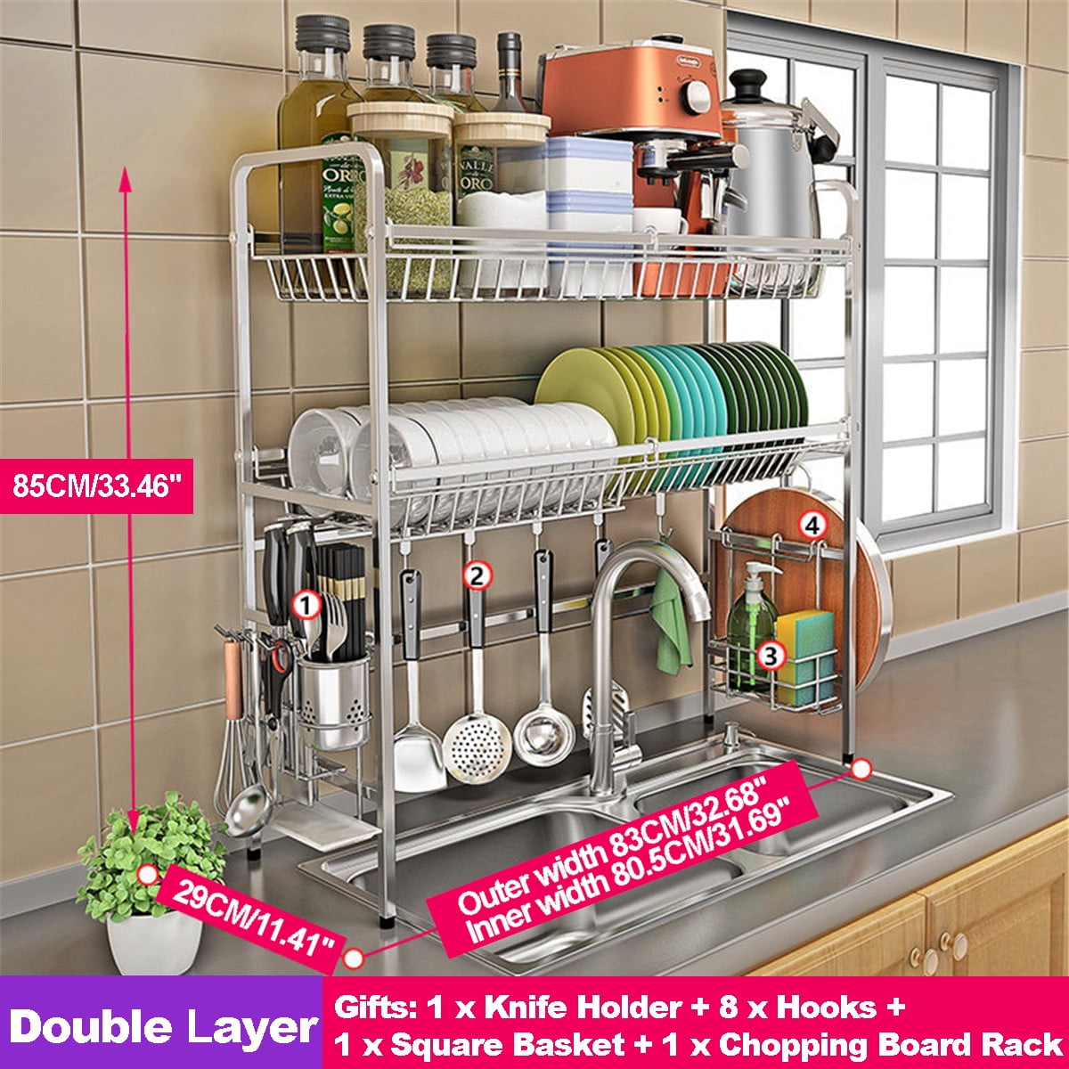 Tfcfl 2-Tier Dish Drying Rack Drainer Kitchen Storage Rack Space Saver w/Lid Cover, Size: 45*38*25cm