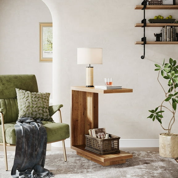 Finmind C-Shaped Side Table for Couch, 2-Tier End Table with Sturdy Pedestal, Industrial Bed Table for Living Room, Bedroom, Rustic Brown