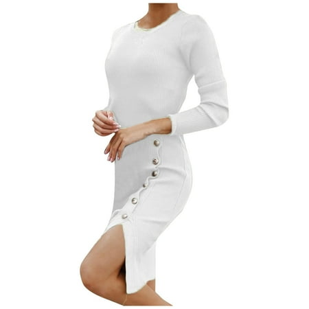 

Juebong Fashion Women Casual Button Long Sleeve Solid Split fork O Neck Dress