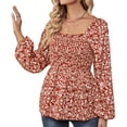 thumbnail image 3 of Homgro Women's Long Sleeve Shirt Ladies Casual Cute Floral Bishop Sleeve Top Soft Peasant Square Neck Shirred Ruffle Peplum Blouse Red 12-14, 3 of 5