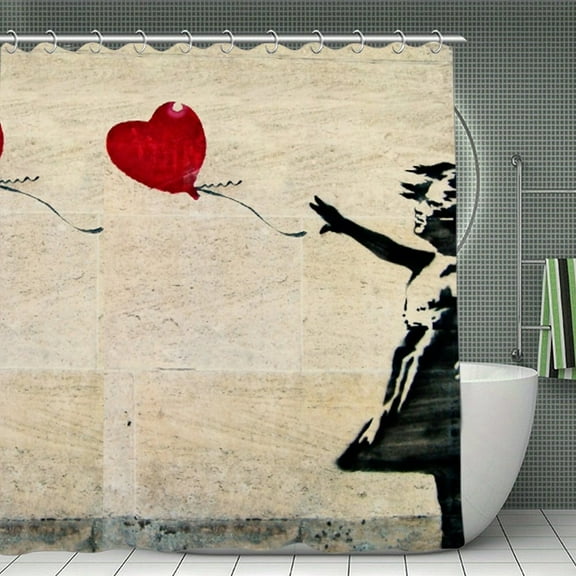 Banksy's Girl With A Red Balloon Shower Curtain，Washable Waterproof Bathroom Shower Curtain Set With Hooks,71x71 Inch
