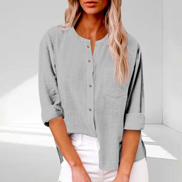 RBCKVXZ Chemisier en Coton et Lin pour Femmes, Manches Longues, Col Rond, Décontracté, Gris S